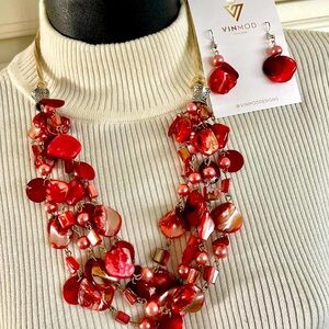 VINMOD Designs Reddish Pink Shells & Pink Faux Pearl Necklace Set 23"-25"